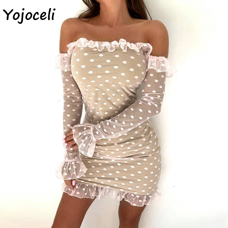 Yojoceli с открытыми плечами в горошек облегающее платье кружевом вечерние Клубные
