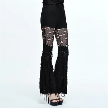 

Devil Fashion Punk Rock Women Bell Bottom Exy Lace Hollow-out Gothic Flared Trousers Black Ripped Skinny Pants