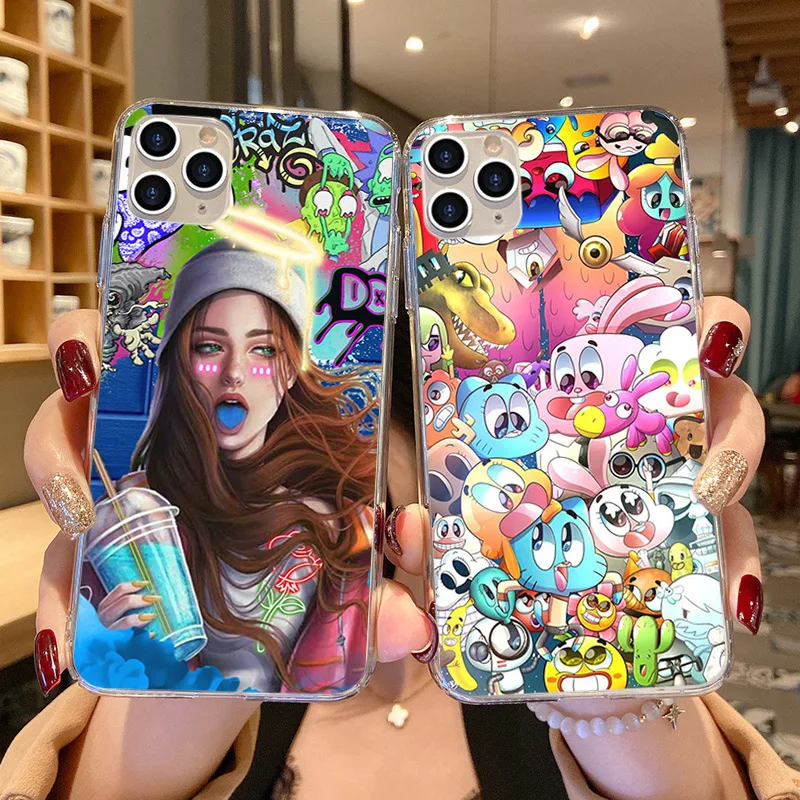 Phone Case For iPhone 13 12 11 Pro XS Max 7 8 6 6s Plus 13Mini SE2020 X XR Graffiti Sticker Art Soft TPU Silicone Cases Cover
