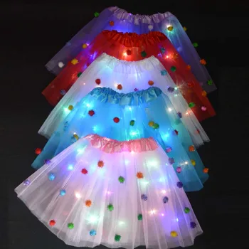 

Light LED Girl Kids Clothes Pompon Tutu Skirt Princess Party Tutus Tulle Pettiskirt Child Halloween White Christmas Navidad