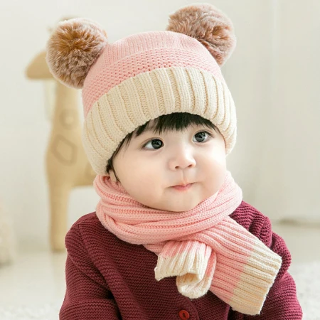 HT2732 Детский набор из шапки и шарфа, осенне-зимняя вязаная шапка и шарф, зимние аксессуары для маленьких мальчиков и девочек, детская шапочка-шарф - Цвет: Розовый