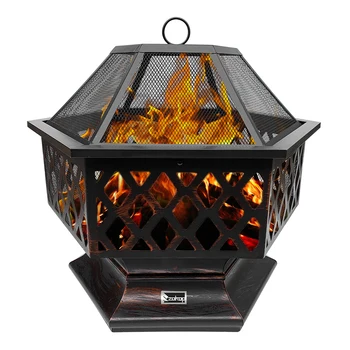 

Outdoor Patio Wood Fire Pits 25 Inch Hexagonal Heater Copper with Flame-Retardant Spark Guard Built to Last[US-Stock]