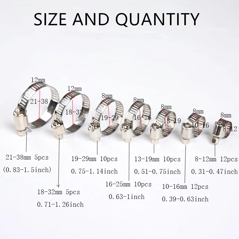 다양한 파이프용 웜 기어 호스 클램프 구색 키트, 직경 8 38mm, 64 개, 자동차 기계용