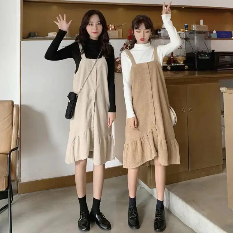 

Autumn women dress solid color Korean student style versatile show thin strap skirt corduroy button skirt fashion oversize dress