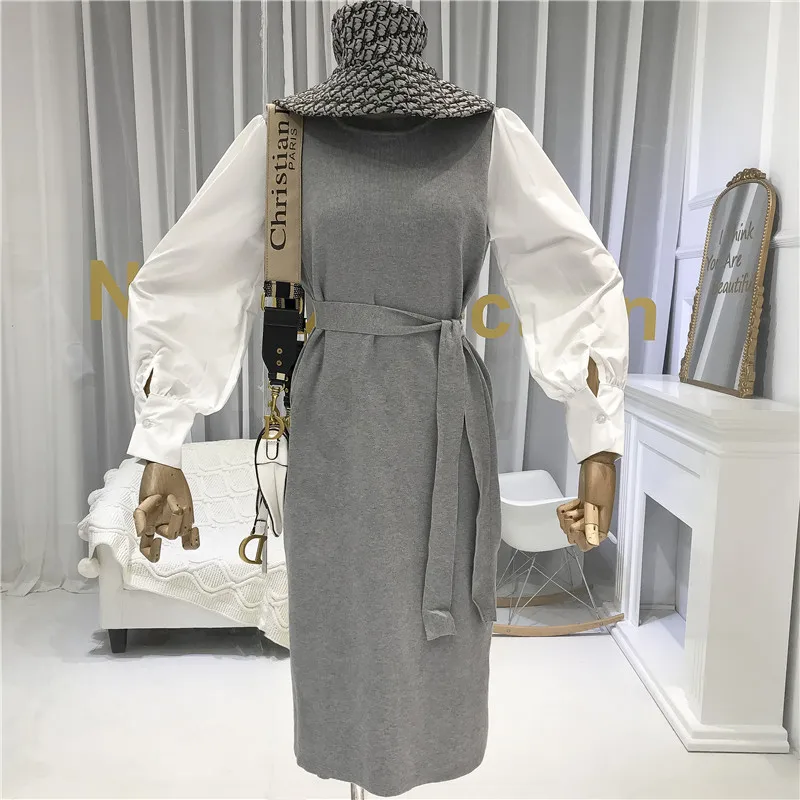 ALPHALMODA, осень, женское повседневное вязаное платье с поясом, с рукавом-рубашкой, имитация 2 шт., платье для девушек, осенние пуловеры, простое платье
