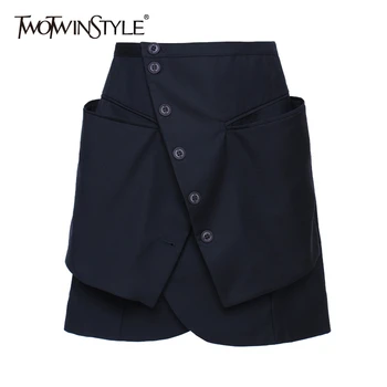 

TWOTWINSTYLE Eleagnt Asymmetrical Patchwork Skirt For Women High Waist Button Pocket Skirts Female 2020 Summer Fashion Clothing