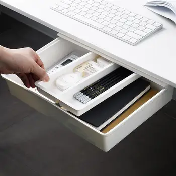 

1Pc Hidden Desk Bottom Storage Box Office Table Bottom Organizer Storage Drawer Sundries Stationery Holder Under Table WithCover