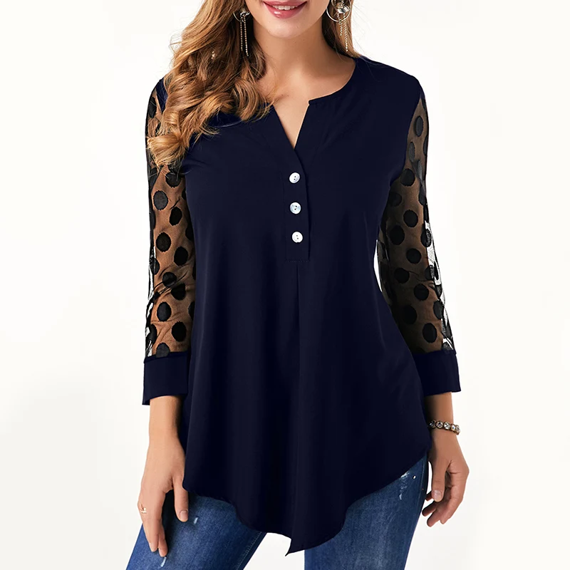 Повседневная Женская Туника размера плюс, тонкая, в горошек, на пуговицах, женская рубашка в винтажном стиле, из кусков, одноцветная, Blusas Mujer De Moda - Цвет: Тёмно-синий