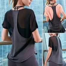 Новая женская Свободная футболка с короткими рукавами для йоги, дышащая сетчатая спортивная одежда из двух предметов BN99