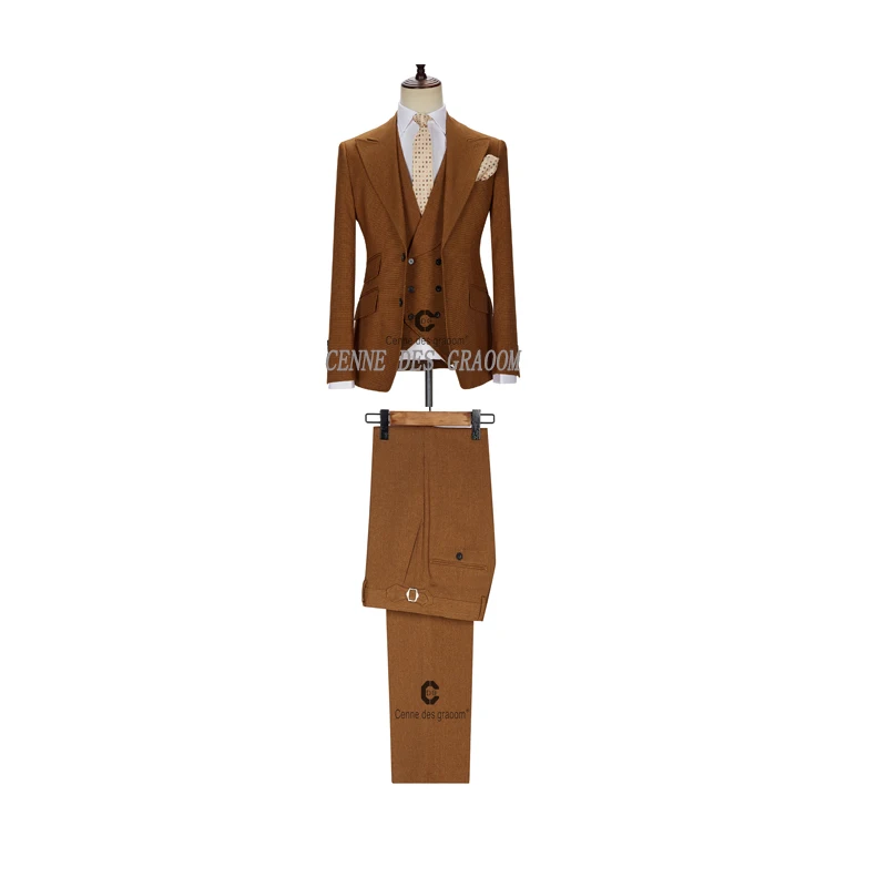 

( Jacket + Vest + Pants ) Cenne Des Graoom New Men Suits Tailor-Made Costume Homme Casual Business Formal Wedding Groom Brown