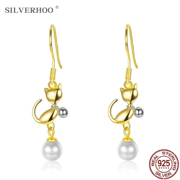 

SILVERHOO 925 Sterling Silver Drop Earring Imitation Pearls Animal Cute Kitty Earrings For Women Party Fine Jewelry High Quality