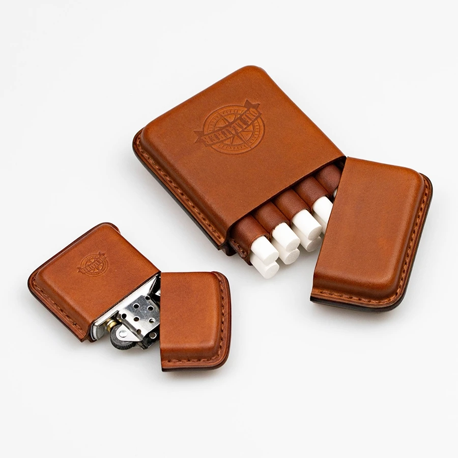 High-end Cowhide Handmade Cigarette Box Lighter Cover Sets Detachable Men's Gift Practical Business Portable 10 Sticks Boxes