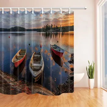 

3D Digital Printing Old Ship on The Lake at Sunset Shower Curtain Resistant Polyester Fabric Bathroom Decorations Bath Curtains