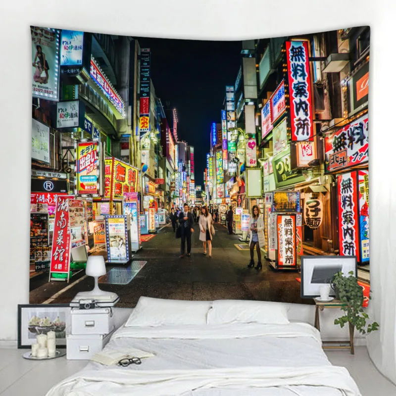 도쿄 나이트 태피스트리 시티 나이트 라이프 벽걸이 침실 홈 장식, 보헤미안 히피 프린트 침대 시트, 일본식