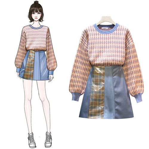 

Plus Size 5XL Knit Long Sleeve Loose Sweaters Tops+Patchwork Plaid High Waist Mini Skirts Women Sweet New Autumn 2 Pieces Suits