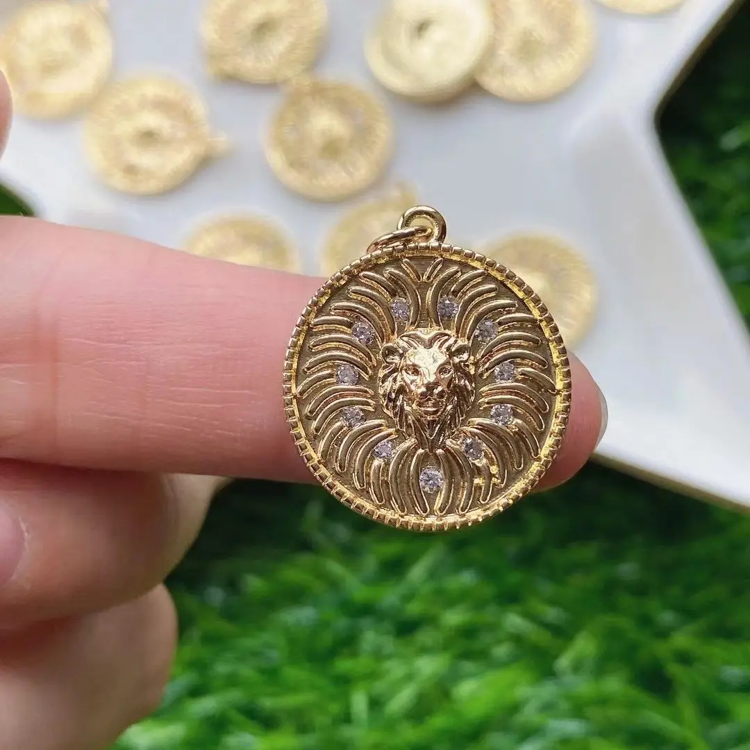 

10Pcs,CZ Pave Lion Head Necklace Pendant, Lion Coin Charm, Gold Plated Fashion Lion Medallion, Animal Pendant, Necklace Findings