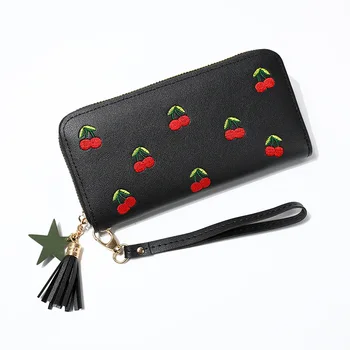 

Fashion Tassel Wallet Women Long Leather Cherry Ladies Wallets Embroidered Zipper Clutch Bag Card Purse Porte Feuille Femme