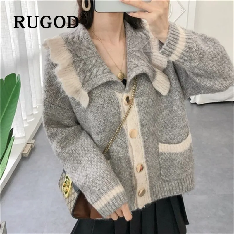 RUGOD корейский стиль Шикарный винтажный вязаный кардиган с отложным воротником воротник в виде листа лотоса свитер куртка Зимние Топы для женщин