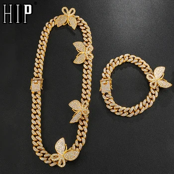 

Hip Hop Iced Out Paved Rhinestones 12MM Gold Full Miami Curb Cuban Chain With Butterfly Choker Necklaces For Men Choker Jewelry