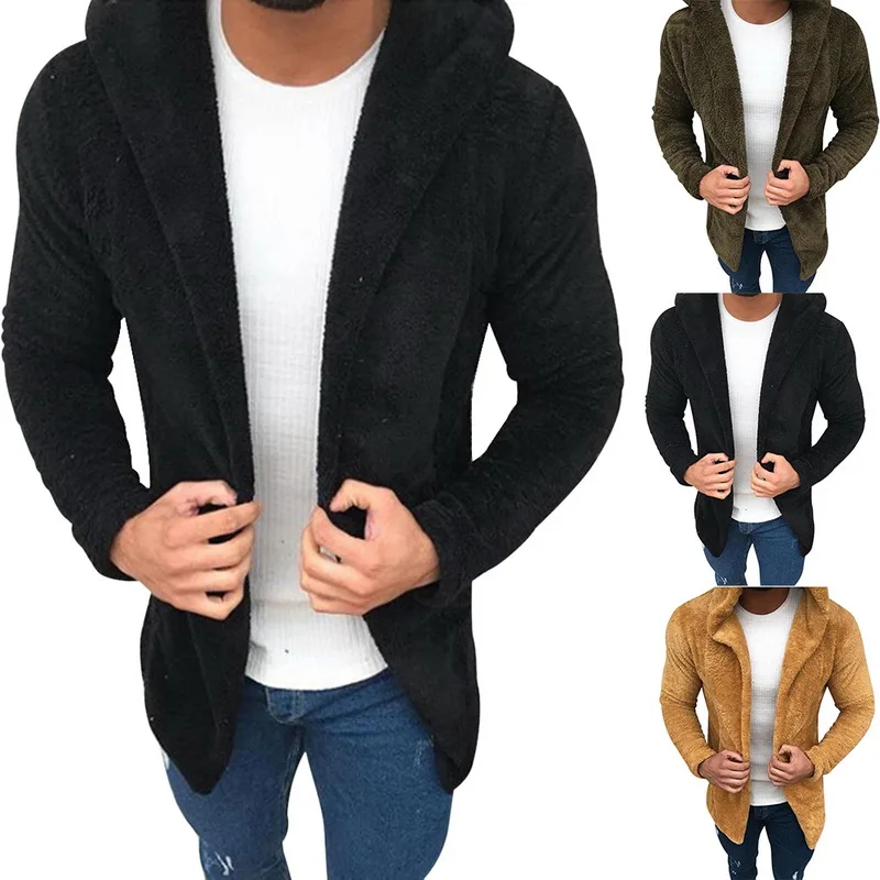 Mens Thick Hooded Jackets Coats Clothes Men Cardigan Fashion Fur Hat Cotton Solid Color Jacket Men Causual Outerwear Open Stitch