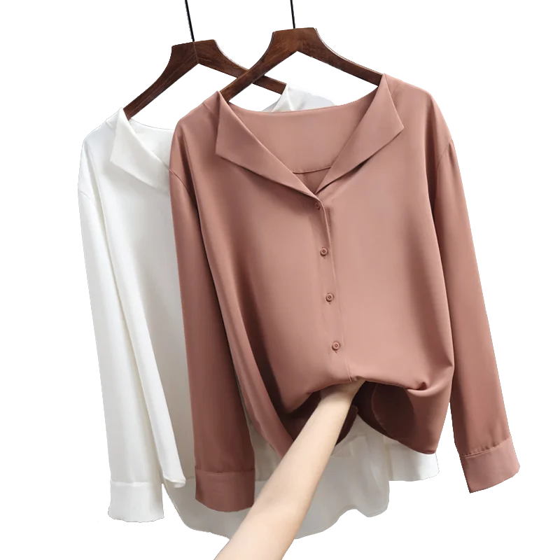 

Chic Casual Blouse Jacket Top 2019 Autumn New Women's Chiffon Long-sleeved Shirt Office Lady V-neck Button Loose Clothing