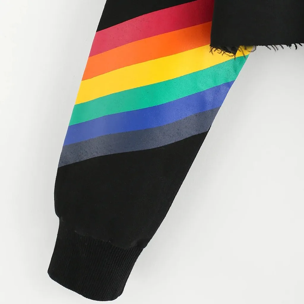 JAYCOSIN Fashion Women Rainbow Print Loose Long sleeve Sweatshirt Casual Stripe Colourful Chic Solid Elegant Hooded Pullover