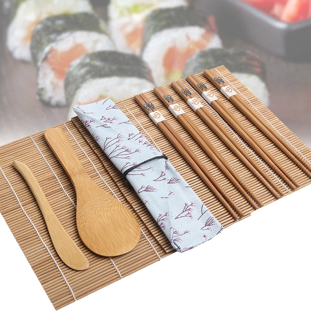 Бамбуковые рулонные коврики набор для приготовления суши японские DIY Инструменты рисовый Рассекатель 5 пар палочки для еды с тканевой