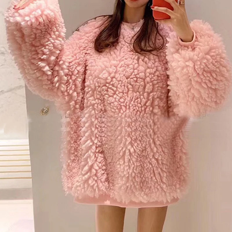 Корейский стиль; Цвет Макарон; искусственный свитер с мехом; милые зимние толстовки больших размеров для девочек; модные пуловеры из искусственной овечьей шерсти - Цвет: pink fur hoodies