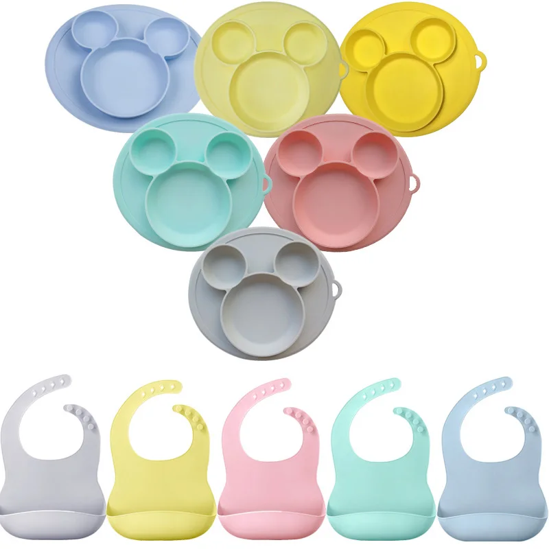 Plate-Bowl-Set Baby Dividers Sucker-Bowl Silicone with Bibs Kids Waterproof Soft