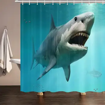 

3D Shark Ocean Decor Shower Curtain, sea Animal Megalodon Underwater World Polyester Fabric Shower Curtains Bathroom Curtain