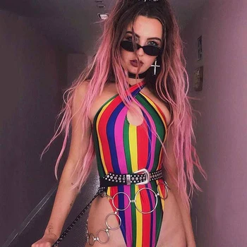 

Rainbow Colorful Stripes Criss Cross Bodysuits Skinny Halter Rompers Womens Jumpsuit Festival Party bodis de mujer 2019