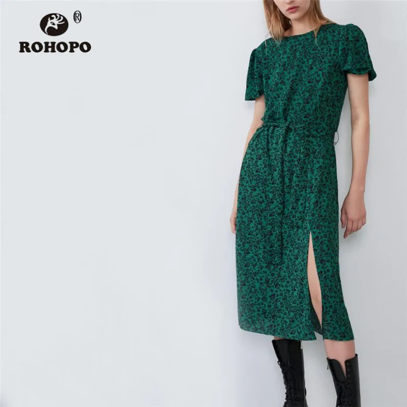 

ROHOPO Short Sleeve Black Floral Round Collar Green Midi Dress Side Split Hem Bow Belted Flared Hem Ladies Mid Calf Robe #9102