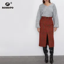 ROHOPO, клетчатая прямая юбка миди, на пуговицах, с разрезом спереди, тонкая полосатая Женская Осенняя юбка Falda, Британская школа, женские юбки#2443