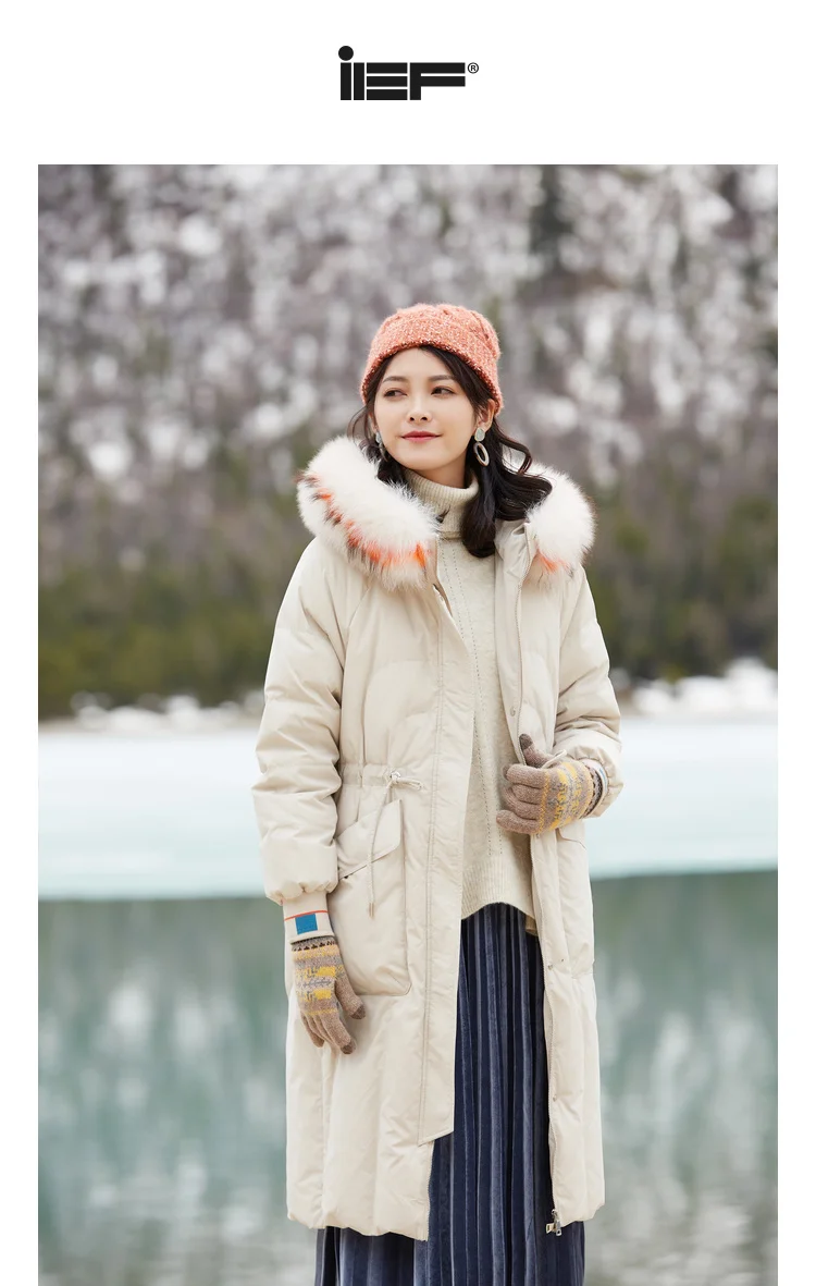 IEF Winter Waist Design Vogue Hoodies Mid-Long Style Down Jacket Women Long Sleeves 0514A-D007