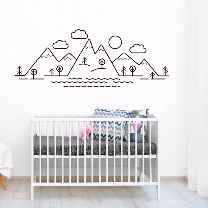 Simple Pattern Mountains tree cloud Wall Vinyl Decals Trees Clouds Wall Sticker Kids Baby Room Decor Nature Mountain Vinyl Mural