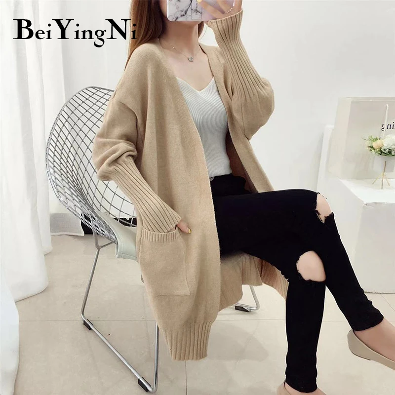 

Beiyingni Female Coat Knitted Casual Vintage Spring Autumn Sweater Women Pockets Loose Long Fashion Cardigan Lady Soft Warm Coat