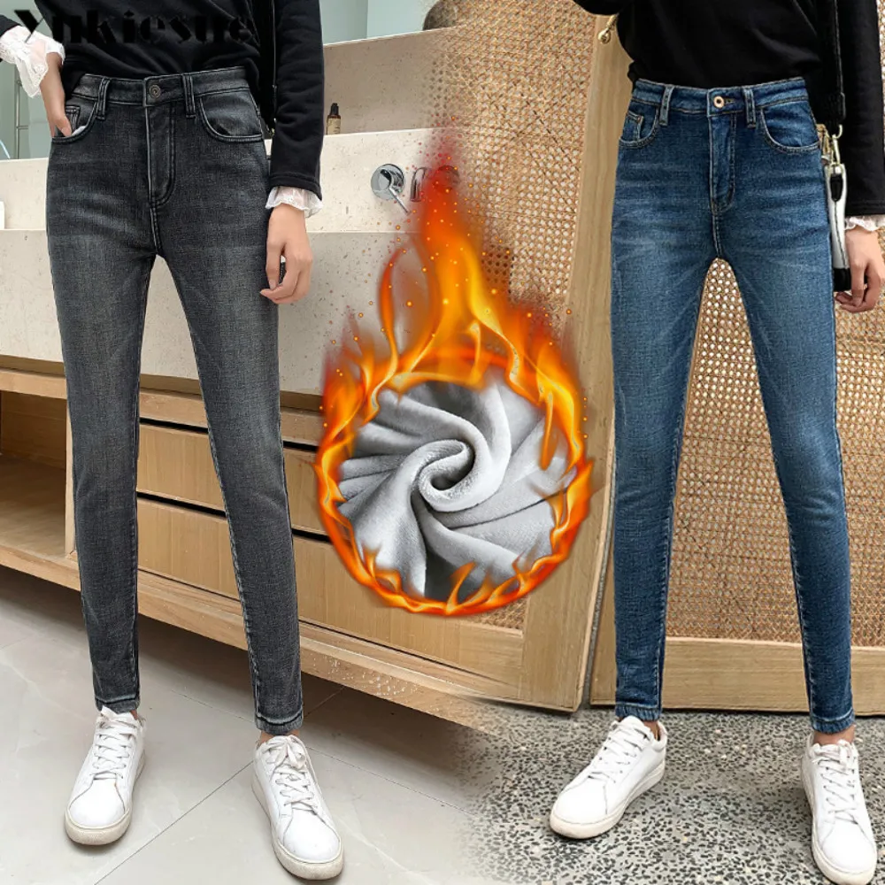 

Hot Winter Thick Plus Velvet Women High Waist Skinny Jeans Woman Simple Fleece Warm Slim Fit Stretch Ladies Casual Denim Pants