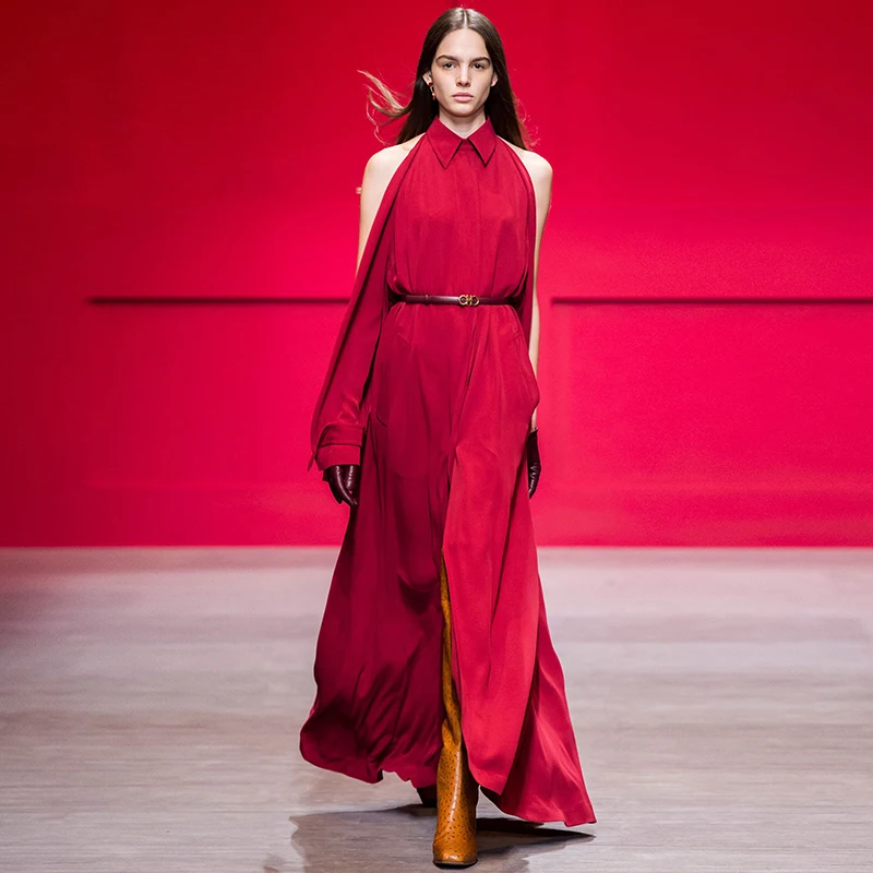 

Summer Spring Fashion Women Long Dress Chiffon Long Sleeve Solid Color Red Maxi Dress Elegant Casual Party Dresses sexy Vestidos
