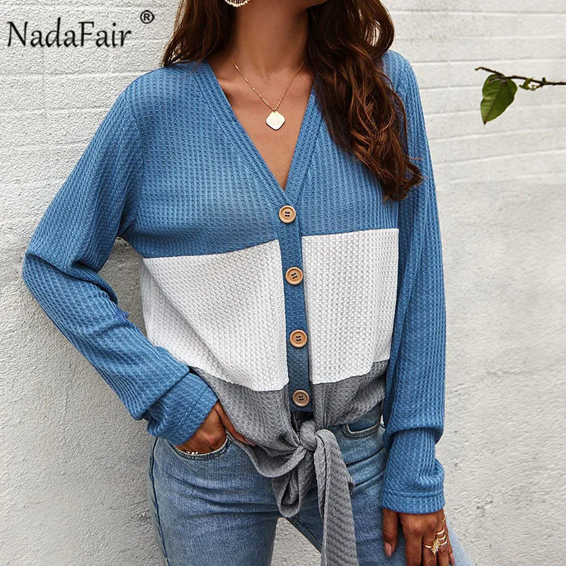 Nadafair Лоскутная трикотажная Повседневная Осенняя футболка с длинным рукавом для женщин на шнуровке с открытыми плечами Топ зимняя Базовая футболка Femme - Цвет: Синий