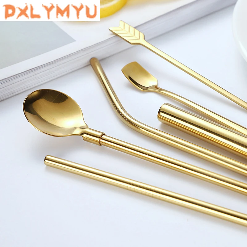  Reusable Metal Drinking Straws Spoon Stainless Steel Sturdy Straight Drinks Straw Table Cutlery Set