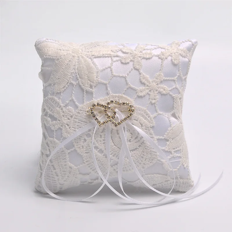 Double Heart Rhinestone White Handmade Ribbon Lace Ring Pillow Cushion for Wedding Decor Engagement Marriage Proposal Decor