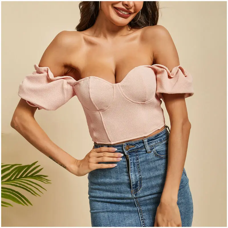 

Women Off Shoulder Bandeau V Cut Neck Crop Tops Modern Ladies Summer Brand New Ruffle Frill Short Puff Sleeve Elegant T Shirt
