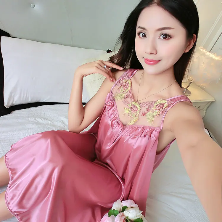 Women Soft Nightgowns Sexy Nightwear Lace Patchwork Long Sleepwear Lingerie Nighty Wedding Silk Dress Sleep Wear Nightdress