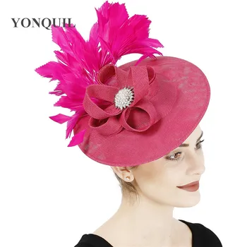 

Hot pink fancy headpiece women elegant fashion chapeau big hat elegant bridal ladies fascinator hair clip party dinner millinery