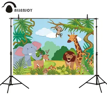 

Allenjoy Jungle Photo Curtains Giraffe Elephant Deer Lion Monkey Tree Leaves Baby Birthday Banners Safari Party Background Cloth