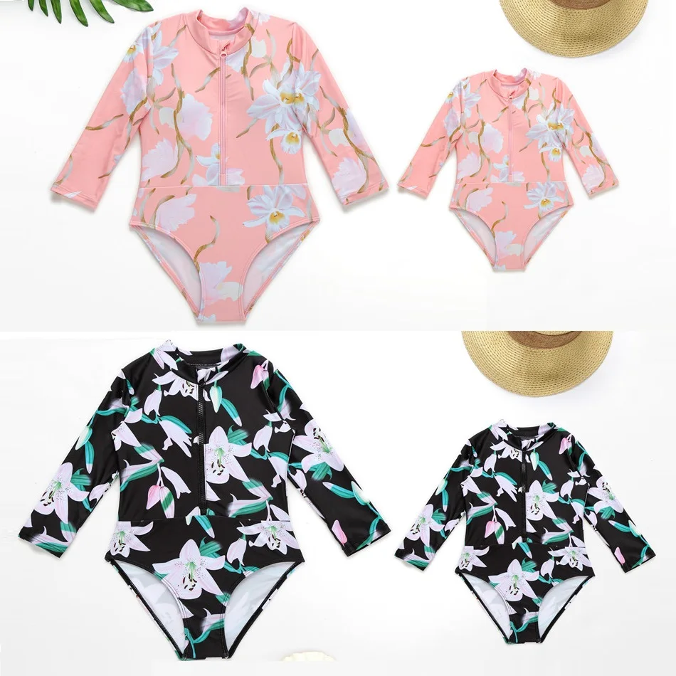 Sun-Protection Swimsuit Family Matching Clothes One-Piece Mother Daughter Swimwear Mommy and Me Bikini Dress Outfits Family Look
