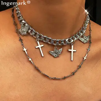 

High Quality Gothic Angel Cross Pendant Choker Necklace for Women Vintage Layered Queen Coin Chunky Chain Necklaces Men Jewelry