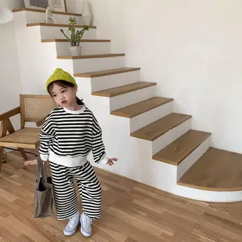 

2020 new girls boys 2 pcs striped set sweatshirt+wide pants fashion spring cotton kids suit 2-7 years HJ667