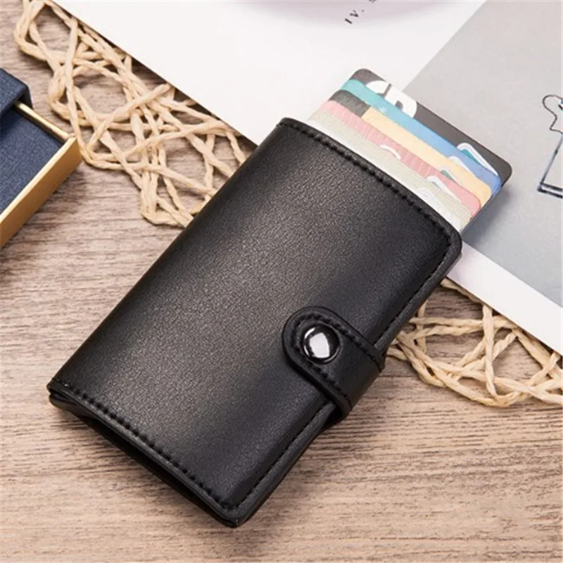 RFID защищенный винтажный автоматический всплывающий кожаный кредитный держатель для карт, мужской алюминиевый креативный бизнес-кошелек с застежкой - Цвет: Black