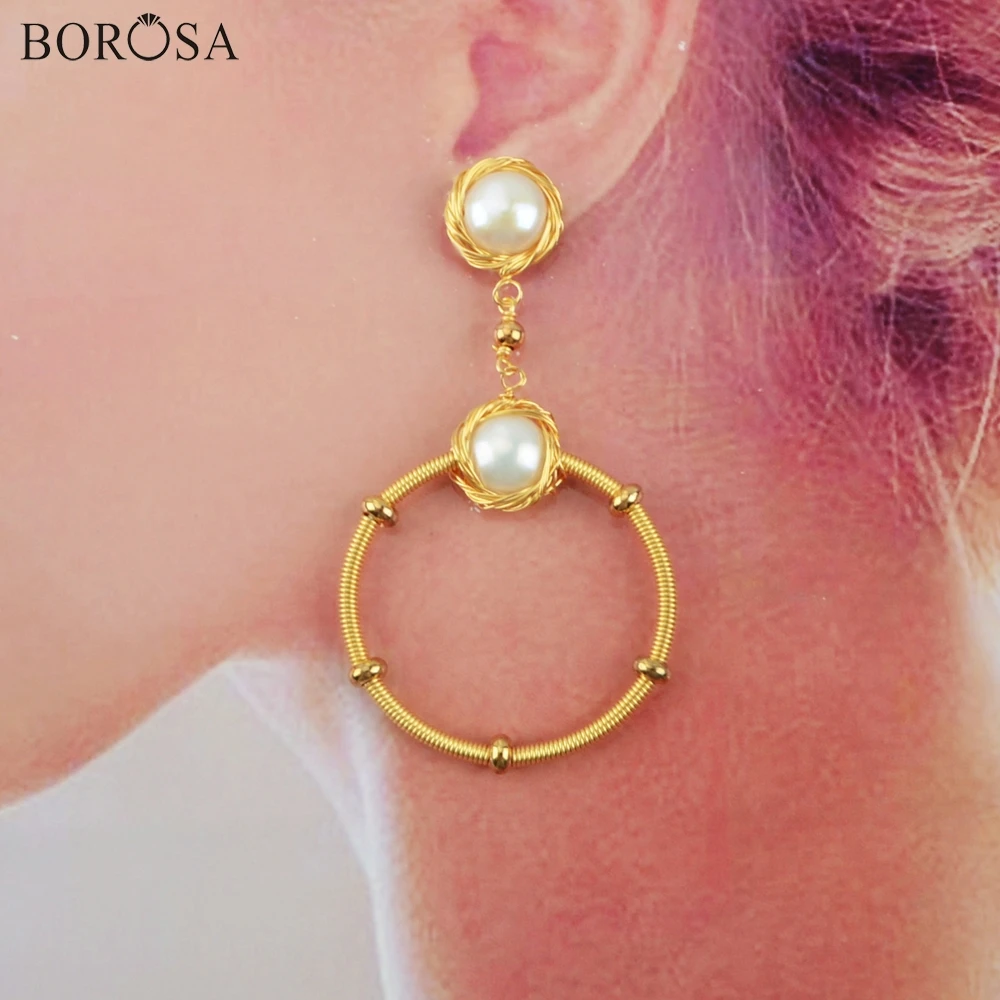 BOROSA 2/3 пары детских хлопковых утепленных колготок на круг из натурального жемчуга провода Обёрточная Бумага серьги Асимметричная серьга в золотой обруч серьги для женщин, ювелирные изделия для свадьбы WX1212